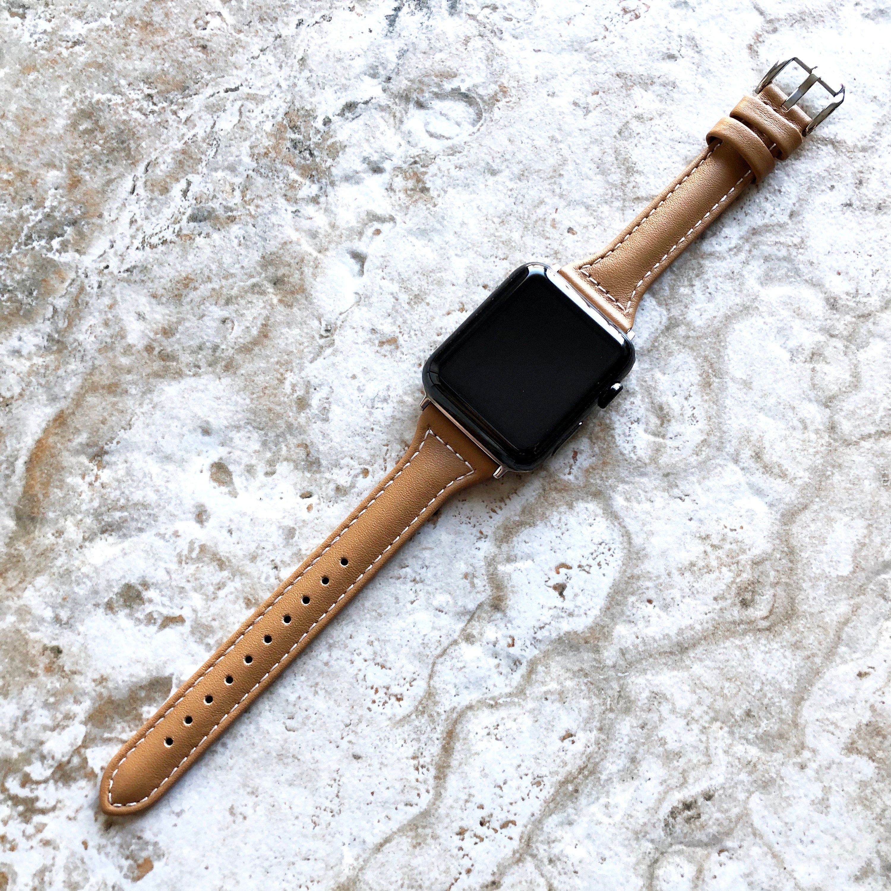 Apple Light Brown Slim Elegant Soft Leather Band Strap Bracelet for iWatch All Series 38mm 40mm 41mm 42mm 44mm 45mm 49mm Case